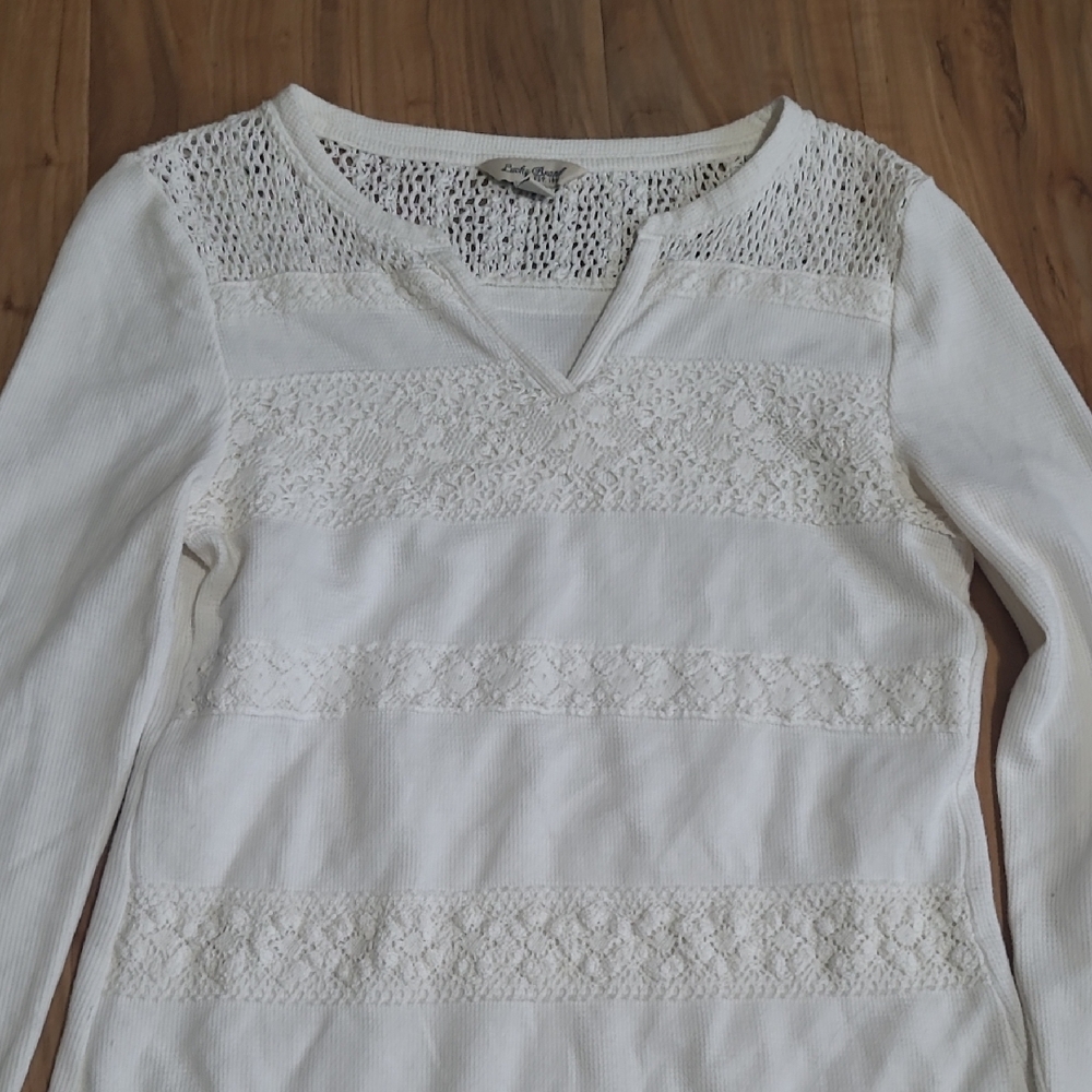 Lucky Brand Cream Crochet-Stripe Long Sleeve Top